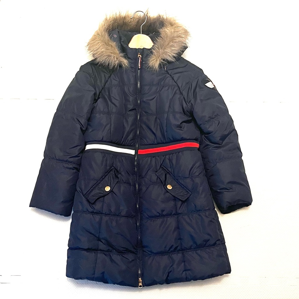 Tommy Hilfiger Puffer Coat Fleece Lined Faux Fur Trimmed Hood Navy Size 12-14